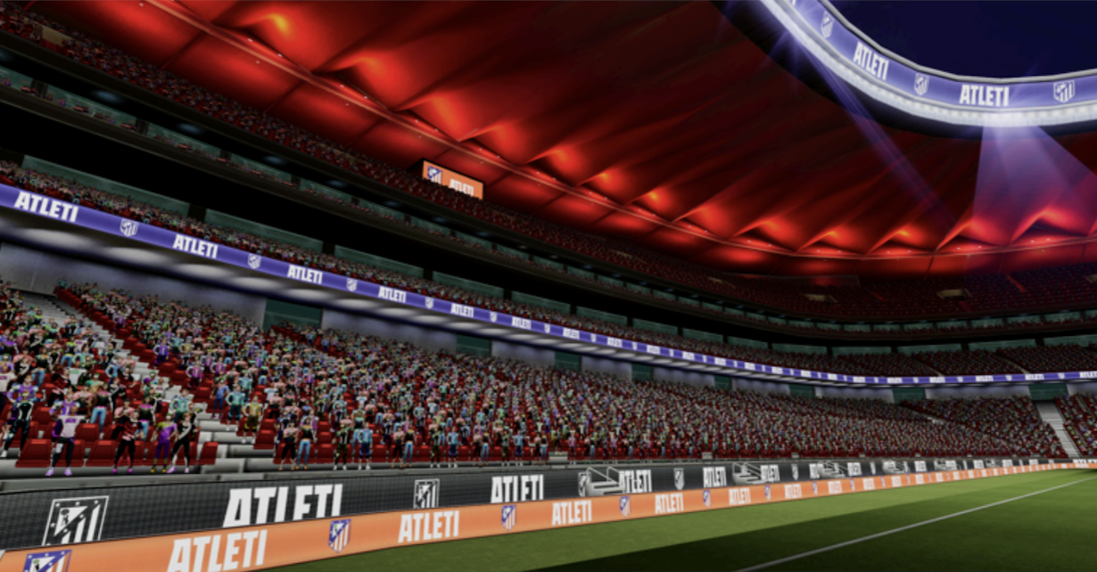 Mismo estadio virtual con elementos brandeados en cartelería y tribunas